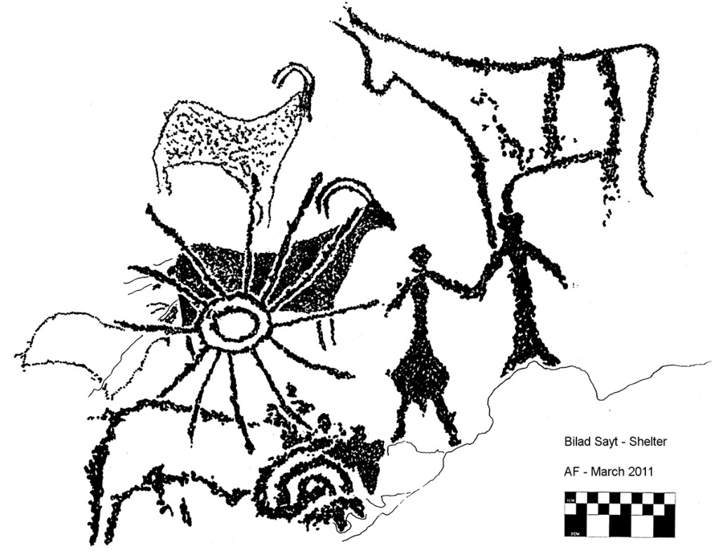 Fig. 9 - Solar figure associated to two human figures overlapping a series of ibex-like figures - from a cave in Bilad Sayt (drawing by Angelo Fossati)