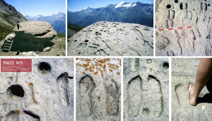 Haute Maurienne (F), foortprints and cup-marks on the <em>Rocher aux Pieds de Pisselerand</em> engraved surface (photo <em>Footsteps of Man</em>)